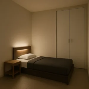 ベッド1台＋サイドテーブルだけの潔さ（4.5畳）