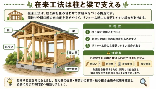 在来工法は柱と梁で支える
