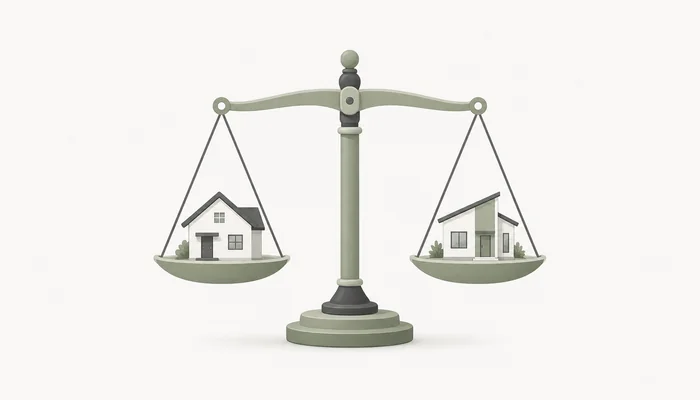 中央の天秤と住宅で、住宅会社の比較を表したイラスト