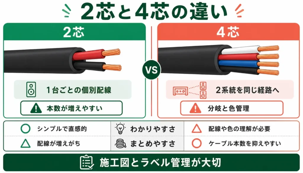 2芯と4芯のスピーカーケーブルを比較する