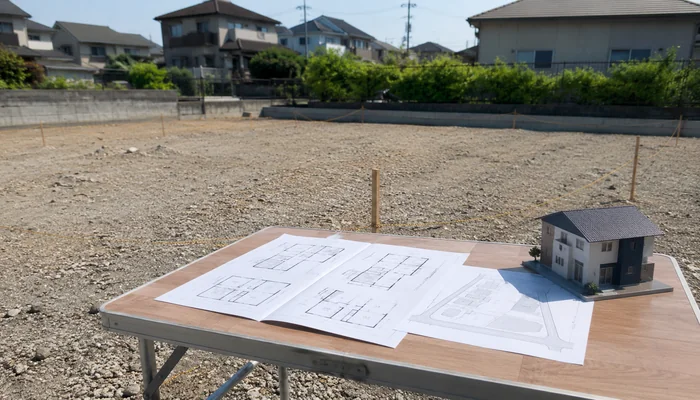 造成中の敷地で図面と住宅模型を机に置いて建築計画を確認する様子