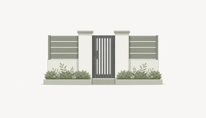 植栽を添えた住宅用フェンスと門扉のイラスト
