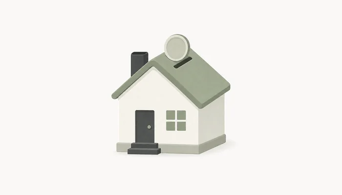 住宅型の貯金箱とコインで、家づくりの予算計画を表したイラスト
