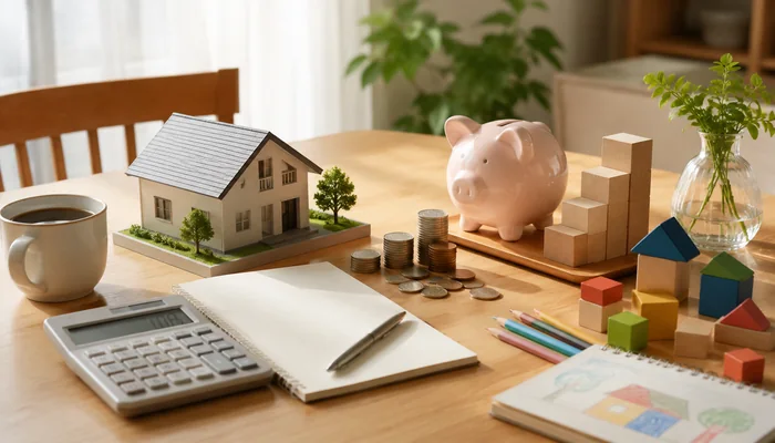住宅模型、貯金箱、硬貨、電卓、ノートを並べた住まいの予算計画のイメージ