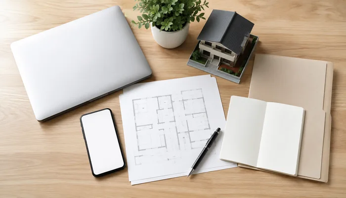 住宅模型、間取り図、パソコン、スマートフォン、ノートを並べた設計計画のイメージ