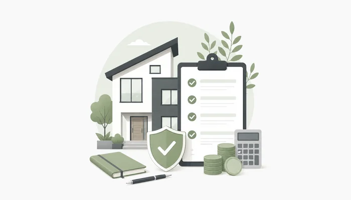 住宅保険の確認項目と費用をチェックリスト、電卓、硬貨で表したイラスト