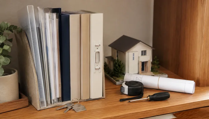 住宅模型、書類ファイル、図面、巻尺、工具、鍵を棚にまとめた住宅管理の資料