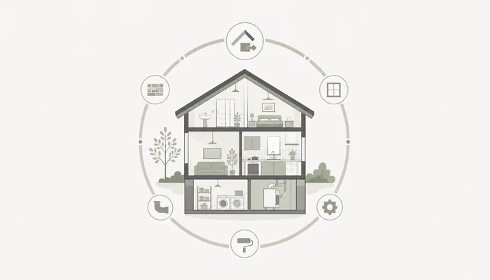 住宅と円形の整備要素で、住まいのメンテナンスを表したイラスト