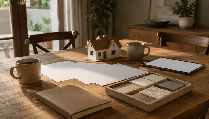 住宅模型、書類、タブレット、床材や布のサンプルを机に並べた素材選びのイメージ