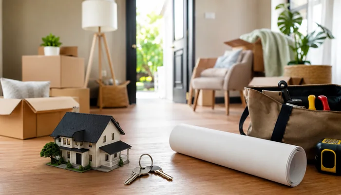 住宅模型、鍵、図面、工具、段ボール箱を並べた引っ越しや改修準備のイメージ