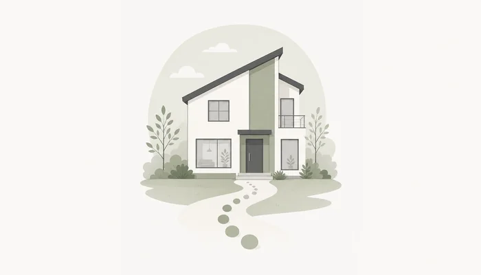 中央に住宅と玄関へ続く道を描いた、家づくりの進め方を表すイラスト