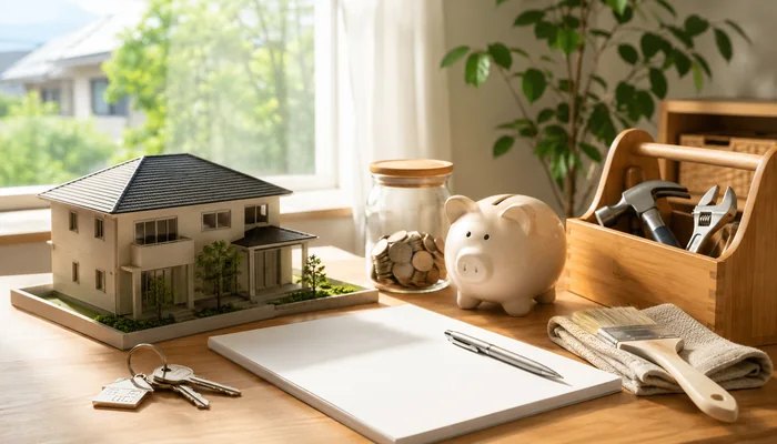 住宅模型、貯金箱、硬貨入りの瓶、工具、鍵、ノートを並べた修繕費の準備