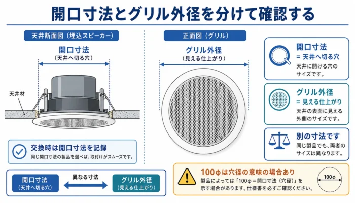 開口寸法とグリル外径を分けて確認する