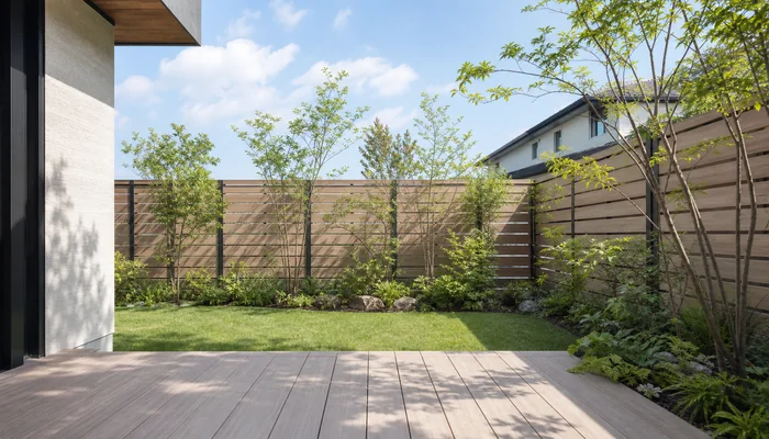 目隠しフェンスと植栽で整えた住宅の庭の写真