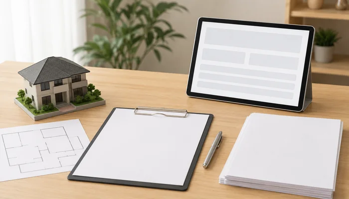 住宅模型、間取り図、タブレット、書類を並べた住まいの相談デスク