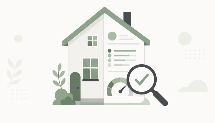 住宅の状態を虫眼鏡と評価メーターで確認するイラスト