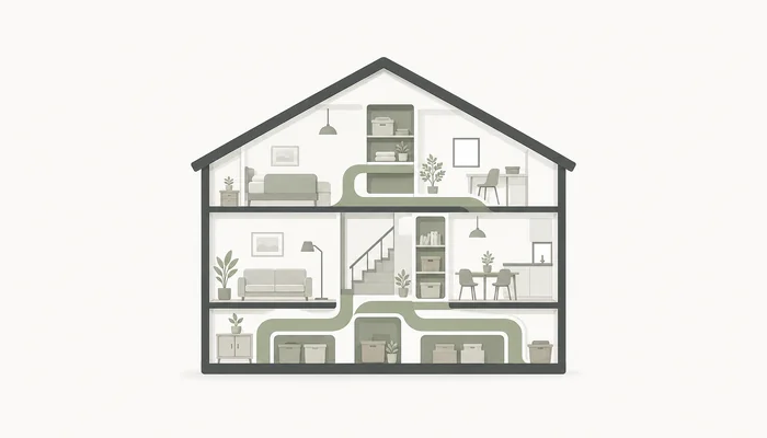 住宅内部の収納と回遊動線を表した断面イラスト