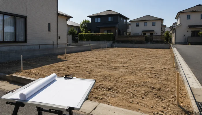 住宅地の空き地と手前に置かれた図面台を写した建築予定地の様子
