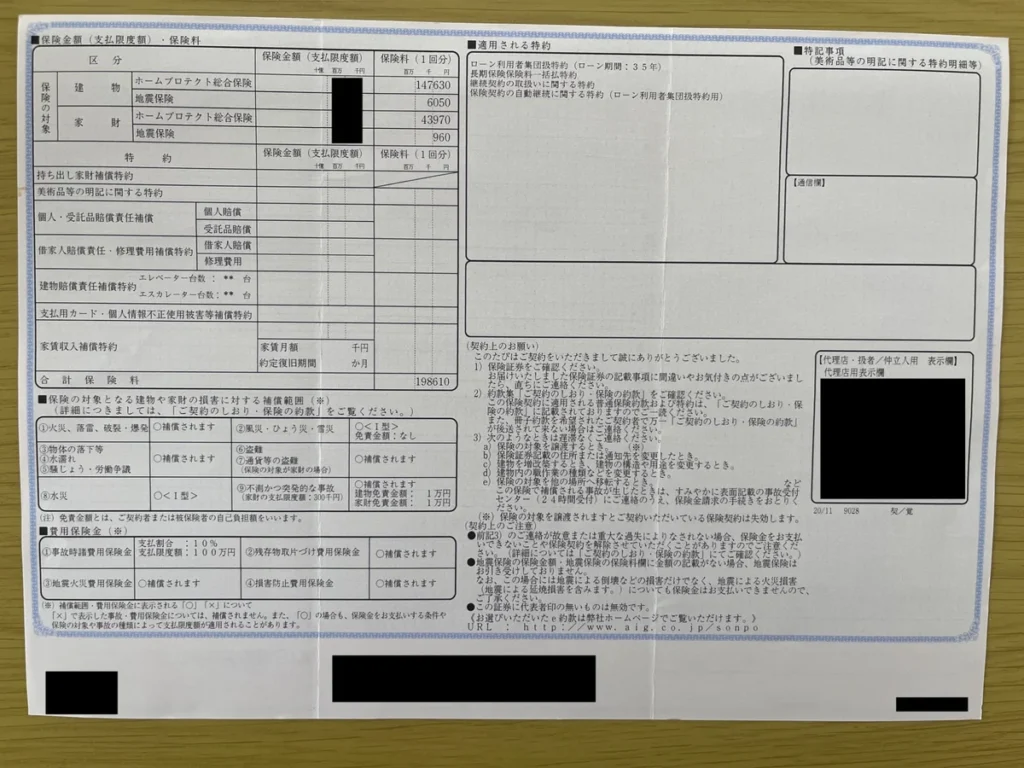 AIG損保のホームプロテクト総合保険証券に記載された補償内容と保険料の明細