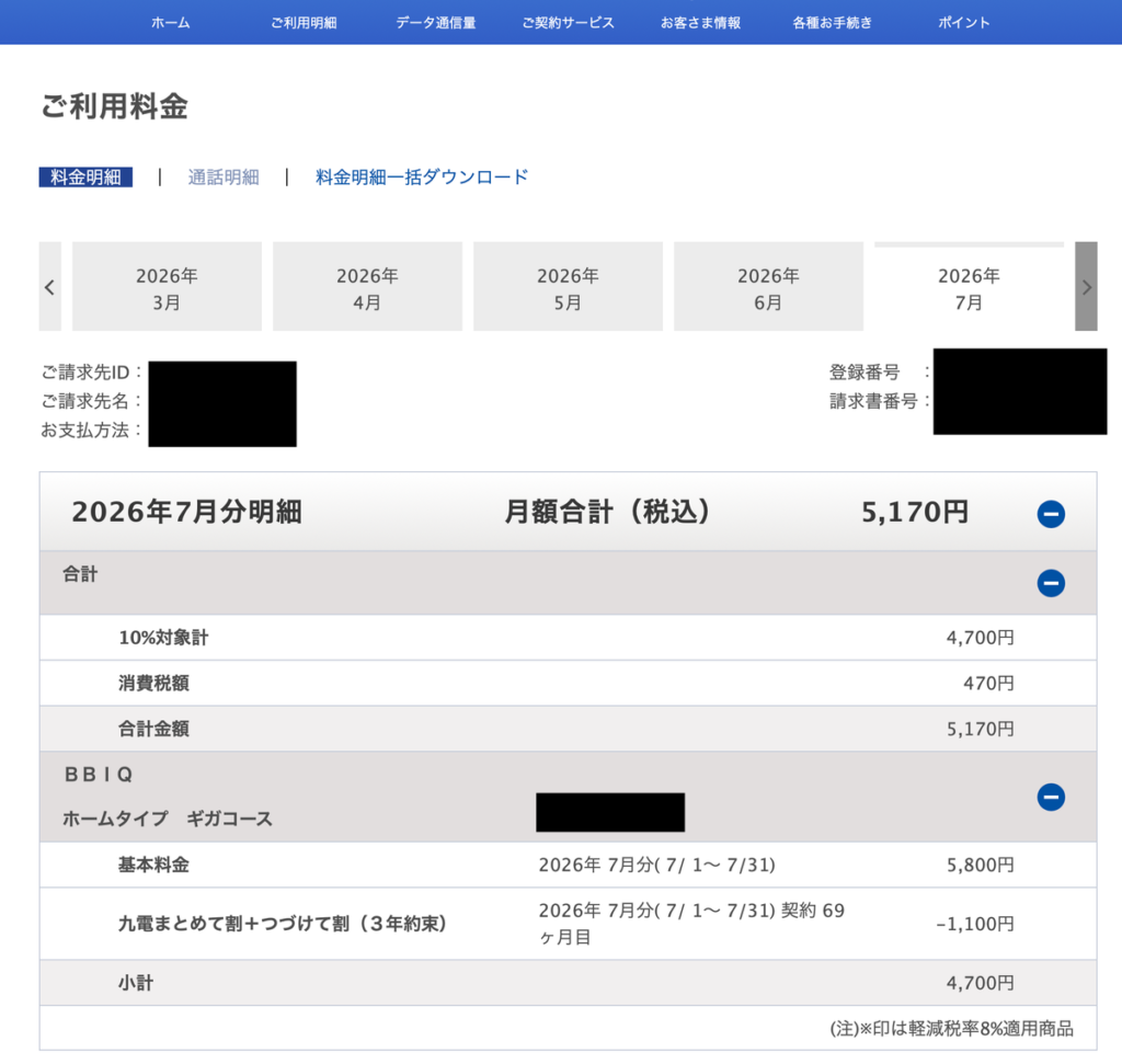 BBIQの利用料金で、月額合計5,170円と料金内訳が表示された画面