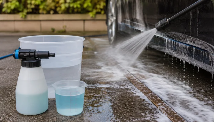 洗剤の希釈用容器と計量カップを置き、車の泡を高圧水ですすいでいる様子