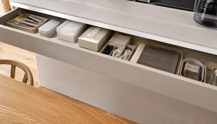 文具や救急用品、布類、ケーブルを整理したダイニング側の浅い収納