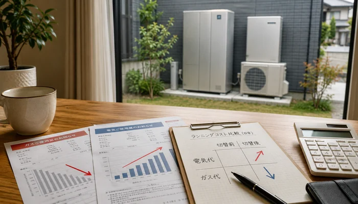電気代とガス代の資料、比較メモ、電卓を並べてランニングコストを確認している机