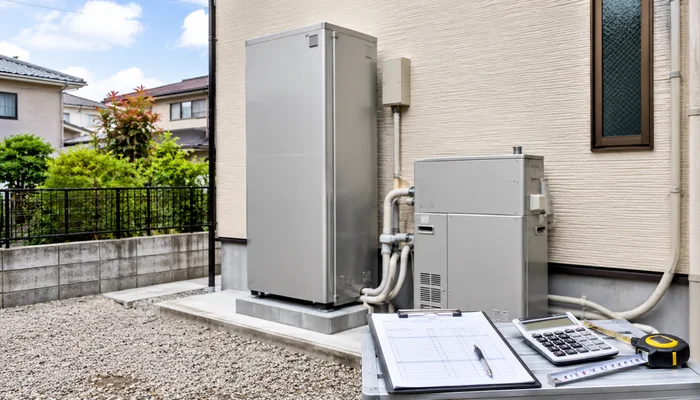 住宅脇に設置されたエネファーム設備と、見積書・電卓・メジャー