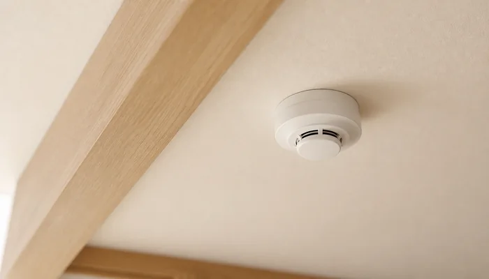 木の梁に近い天井へ取り付けられた住宅用火災警報器