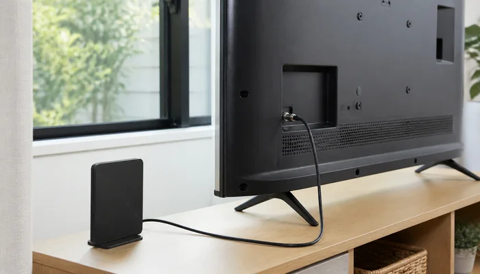 リビングのテレビにつながれた窓際の室内アンテナ
