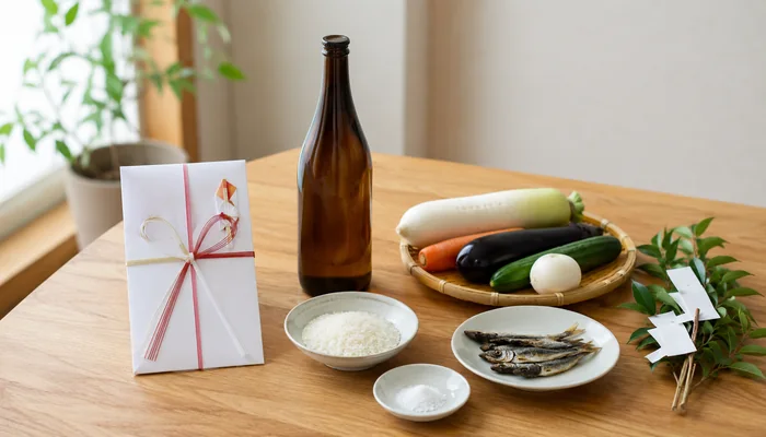 のし袋、酒、米、塩、煮干し、野菜を木のテーブルに並べた地鎮祭の準備品
