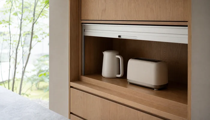 ケトルとトースターを収めた扉付きのキッチン家電収納
