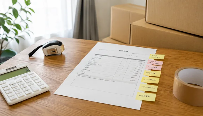 引っ越し見積書に追加料金の確認項目を付箋で整理し、電卓や梱包用品を置いたイメージ。