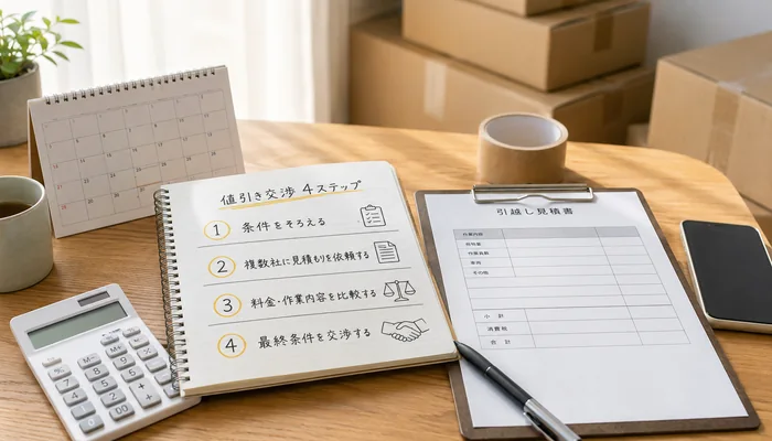 引っ越し見積もりの値引き交渉4ステップを整理したノートと見積書、電卓、段ボール箱。