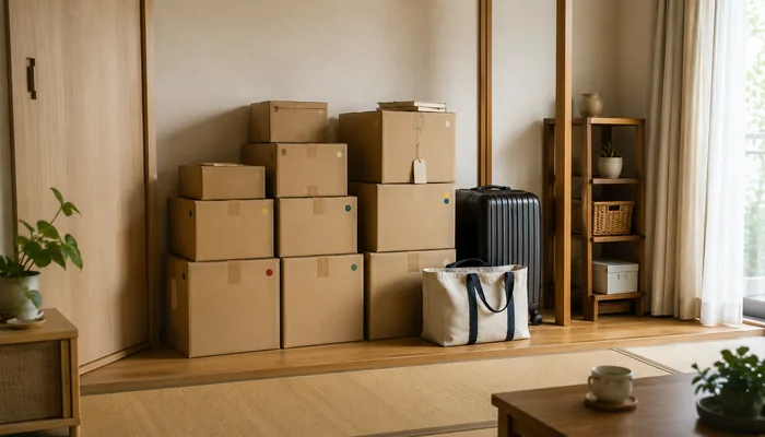 荷造りを終えた段ボール箱とスーツケースを室内にまとめた引っ越し準備の様子