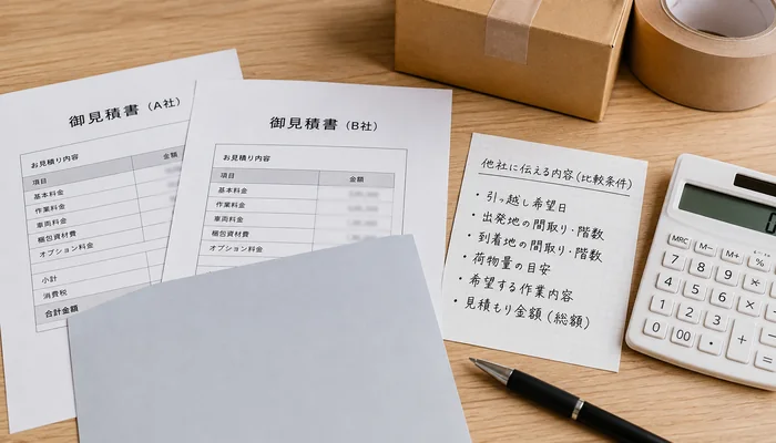 2社の引っ越し見積書と、他社へ伝える比較条件をまとめたメモ。書類の一部は覆われている。
