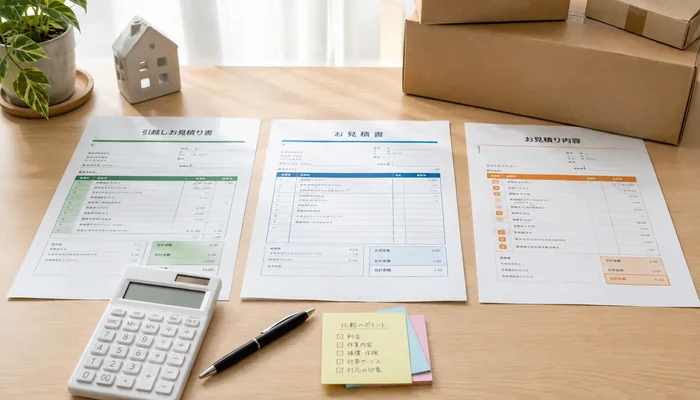 3社分の引っ越し見積書を机に並べ、電卓とメモで内容を比較しているイメージ。