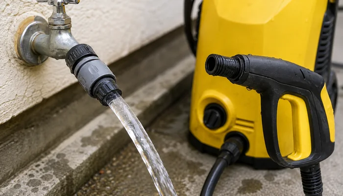 蛇口から給水しノズルを外してエア抜きを確認する高圧洗浄機