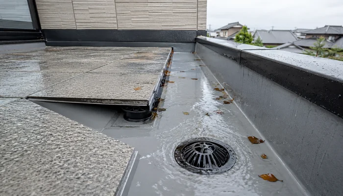 雨水が流れる屋上の排水口と防水面