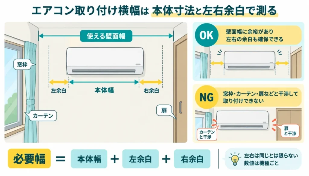 エアコン取り付け横幅は本体寸法と左右余白で測る