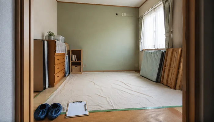 家具を移動し、床を養生したエアコン取り付け前の部屋