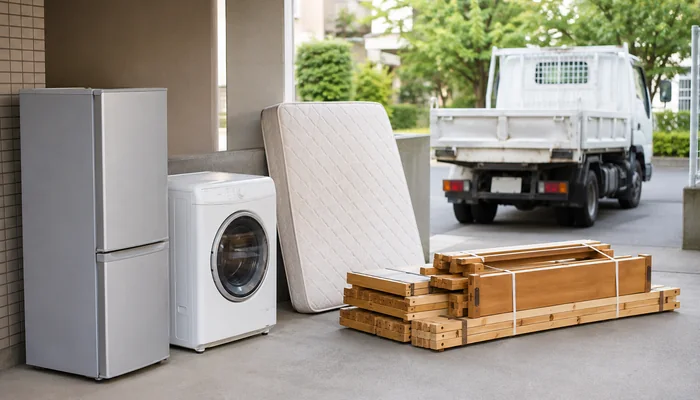 回収待ちの冷蔵庫、洗濯機、マットレス、解体済みベッドフレーム