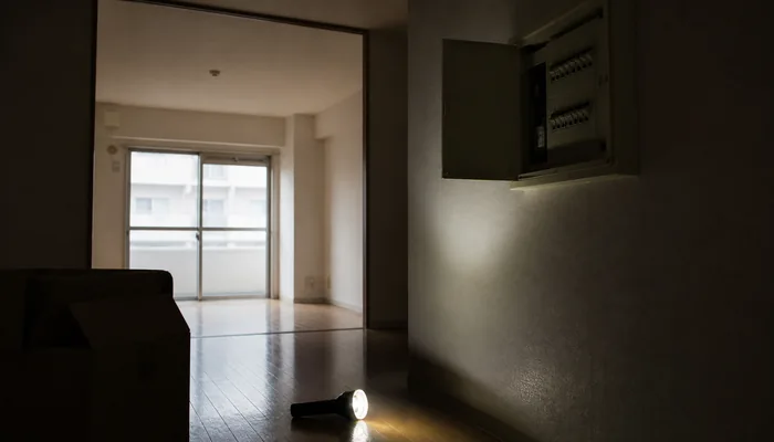ブレーカーと懐中電灯が見える電気のつかない入居前の部屋