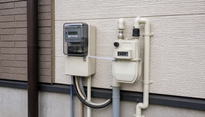 住宅外壁に並ぶ電気メーターとガスメーターの配管