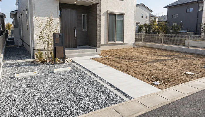 コンクリート通路と砂利駐車場を整え、庭の一部を土のまま残した新築外構