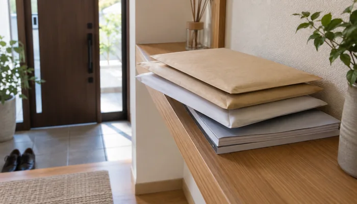 住宅の玄関脇の棚に重ねられた無地の封筒と資料
