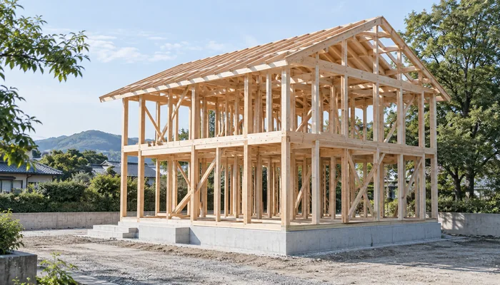 コンクリート基礎の上に木造軸組が組まれた、建築中の戸建住宅。