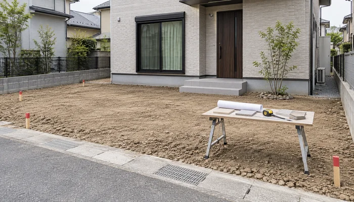 外構工事前の土の庭に図面とメジャー、舗装材サンプルを置いた新築住宅