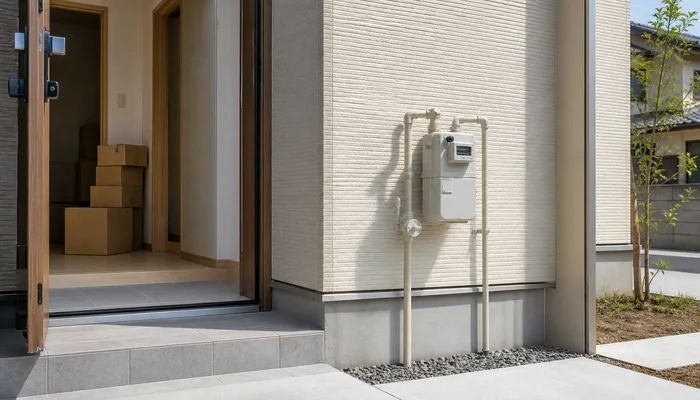 新築住宅の外壁に取り付けられたガスメーターと元栓