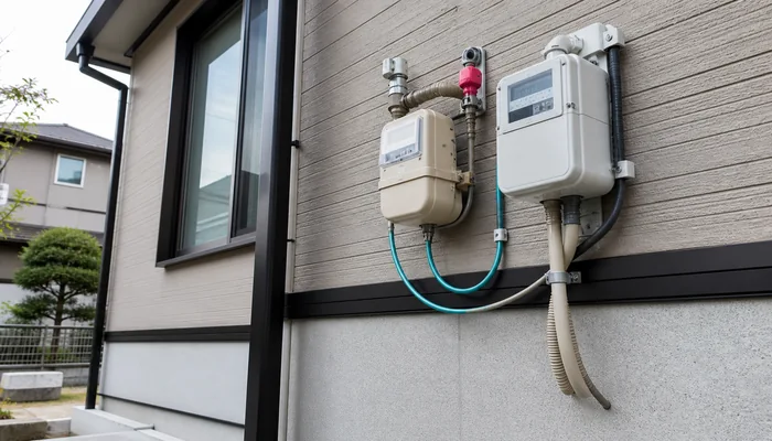 住宅外壁に並ぶ電気メーターとガスメーター